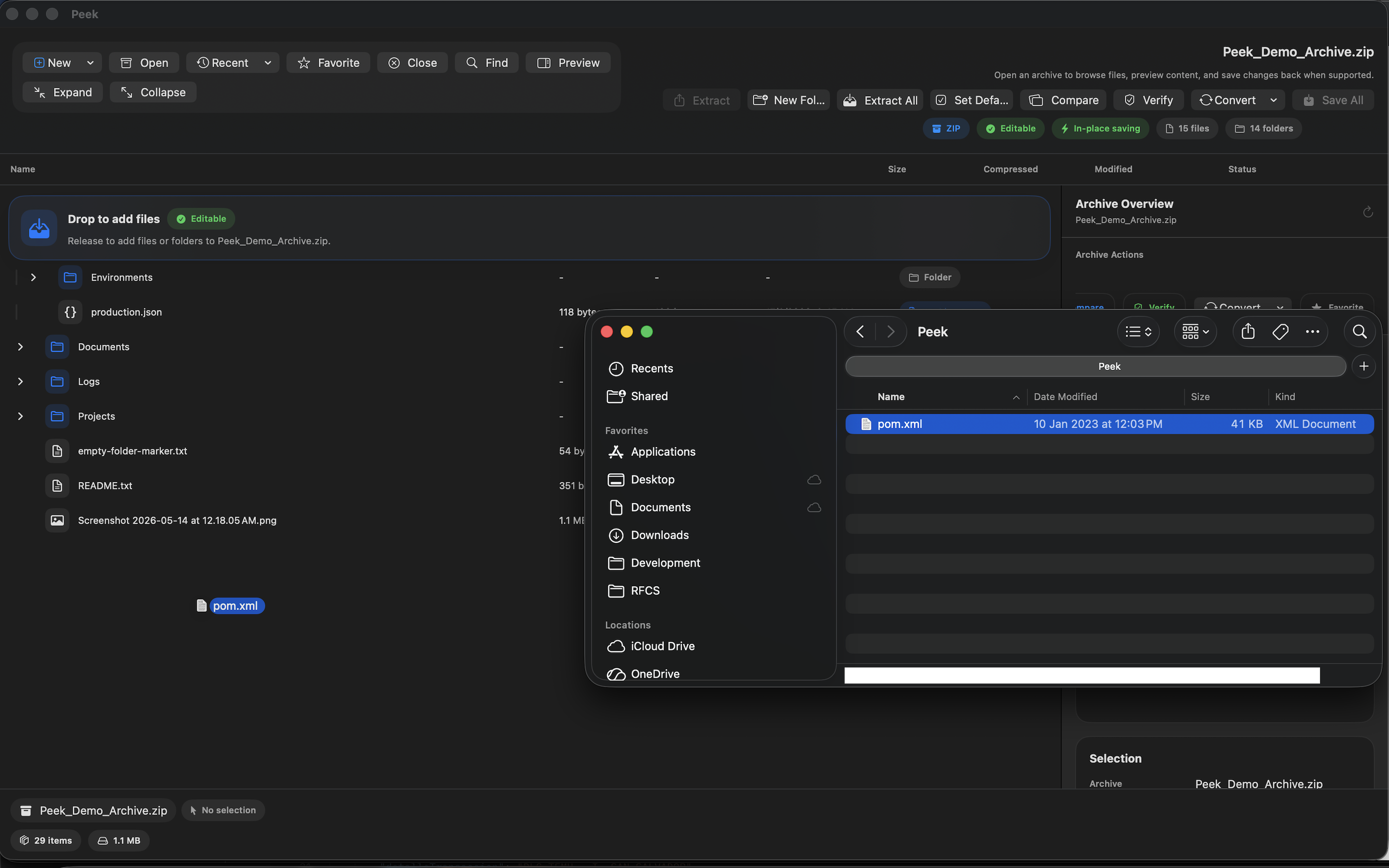 Peek Compress receiving a file drag and drop import from Finder