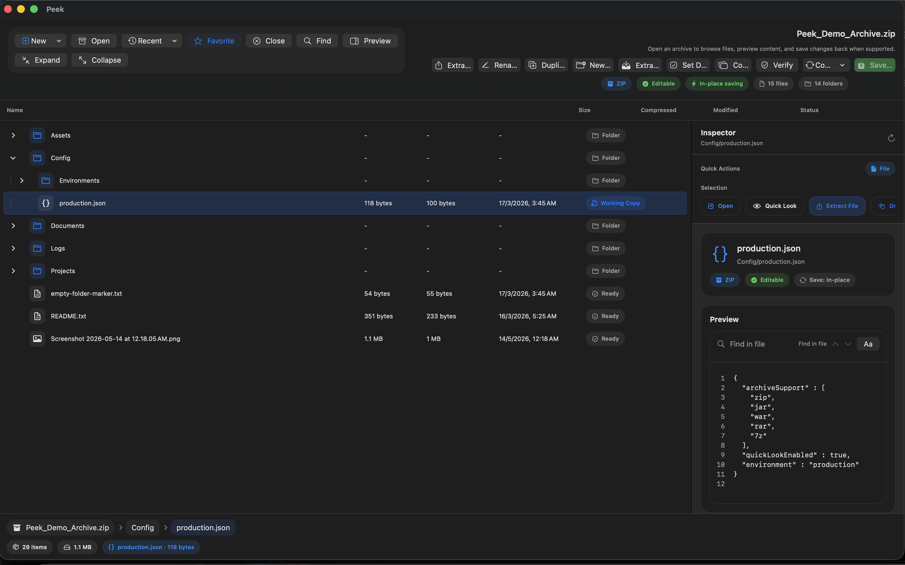Peek Compress browsing archive contents in a macOS window