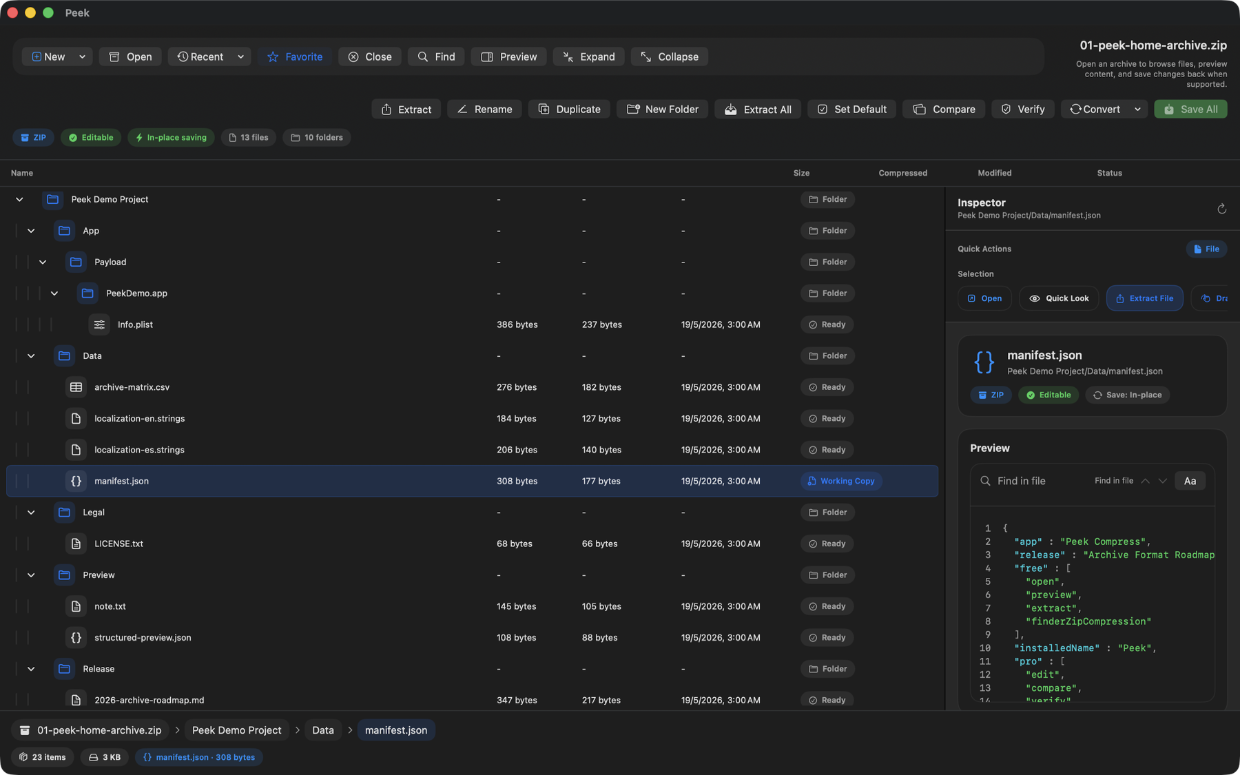 Peek Compress browsing archive contents in a macOS window