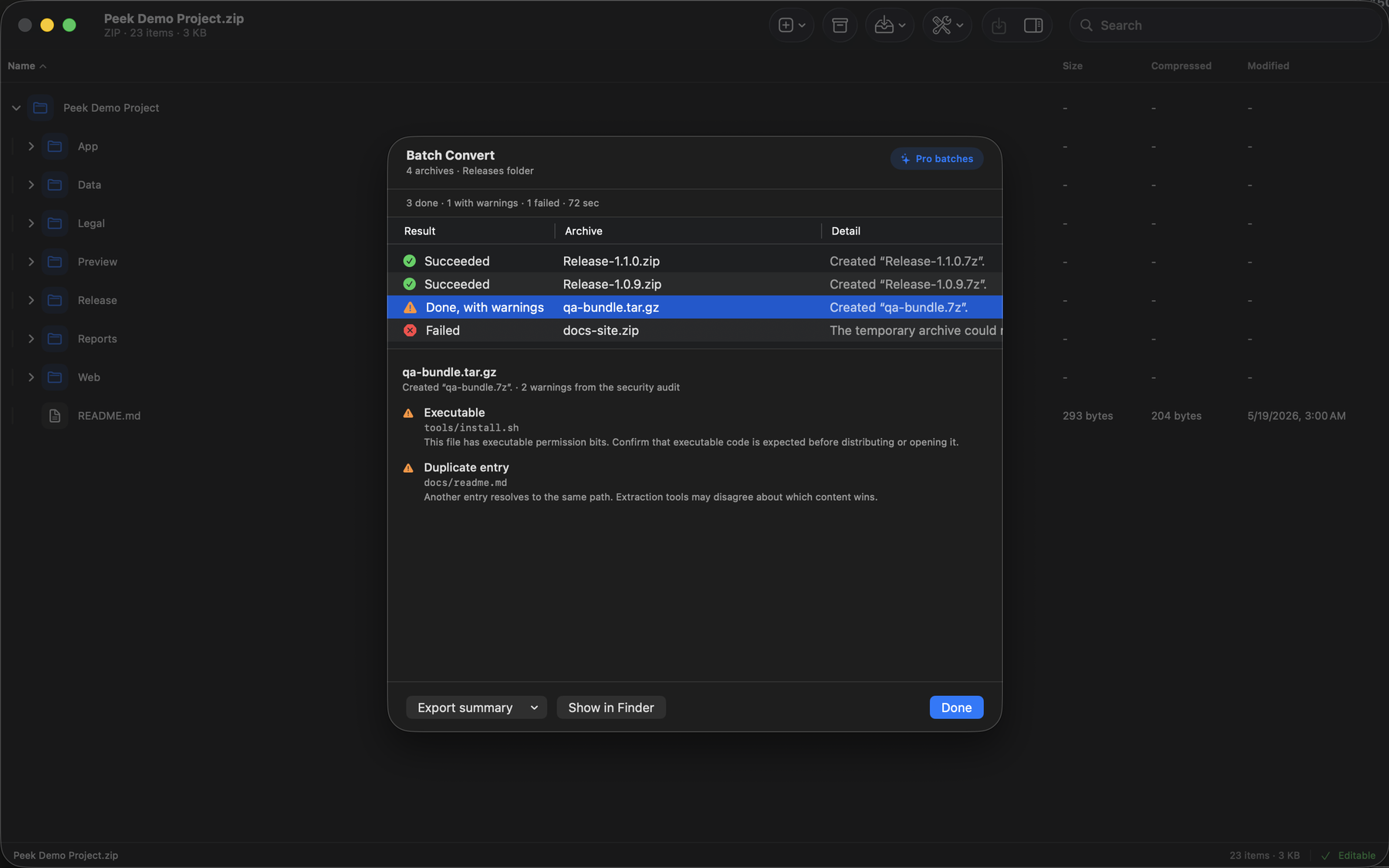 Peek Compress batch summary listing every archive with its result and the audit warnings of the selected one