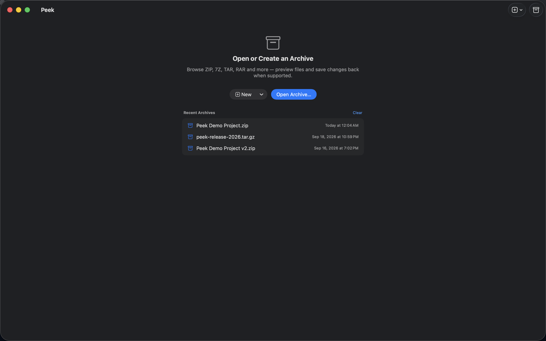 Peek Compress with no archive open, showing New, Open Archive, favorites and recent archives