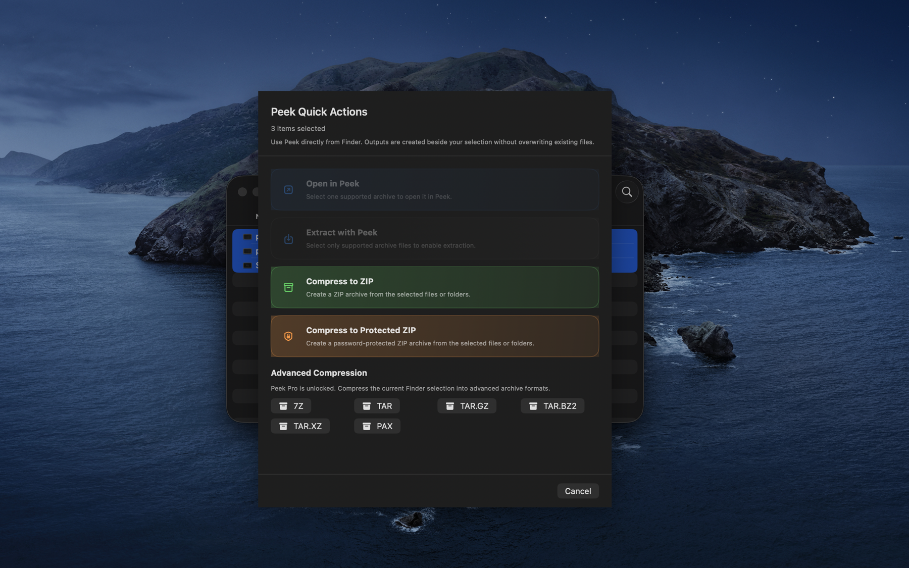 Peek Finder Quick Actions panel