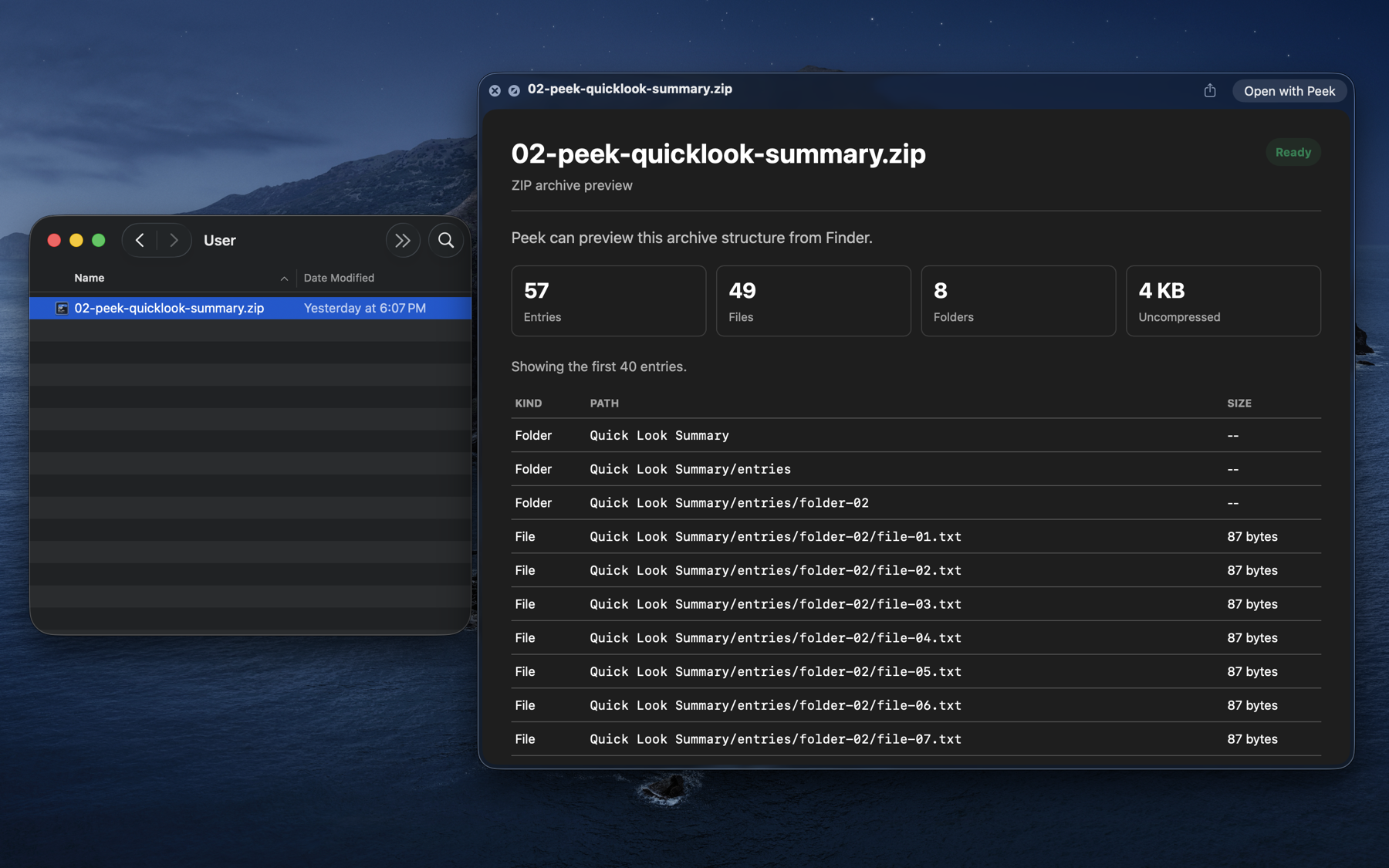 Peek Quick Look archive summary in Finder