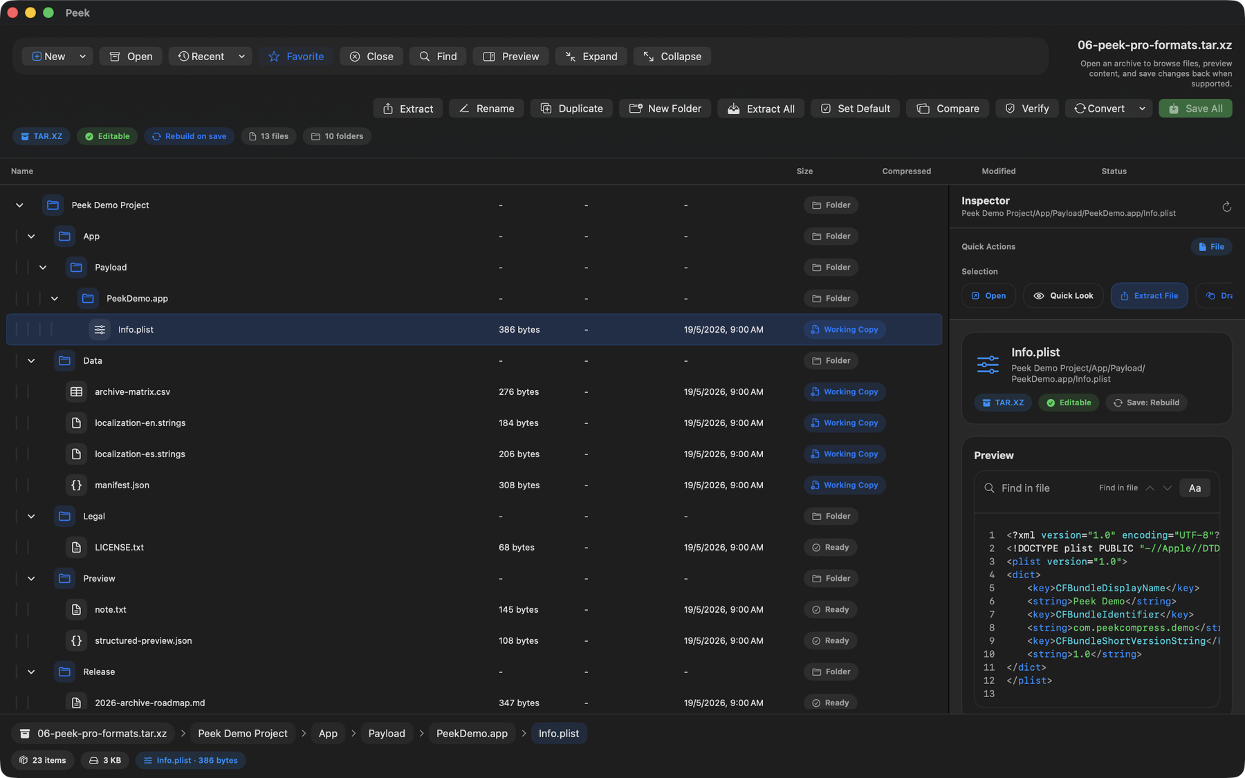 Peek Compress showing a TAR.XZ archive workspace