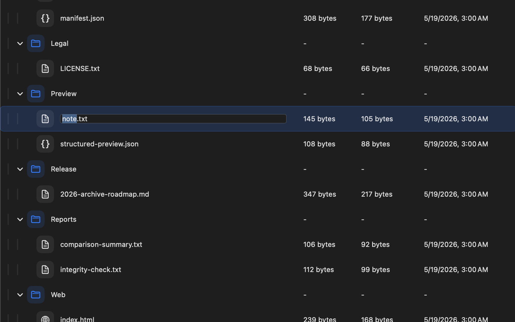 Peek Compress renaming an entry in its own row, with the name selected and the extension left alone