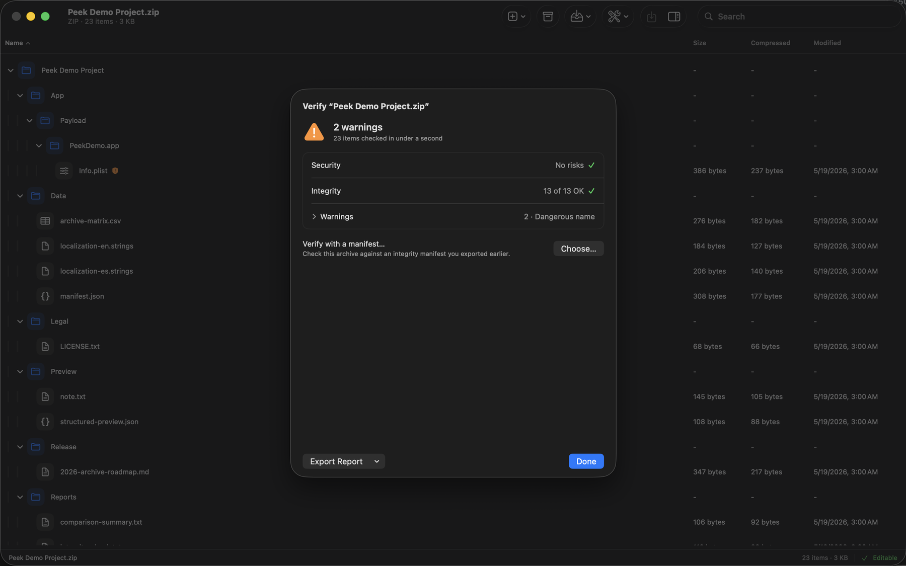 Informe de verificación de Peek Compress agrupado por seguridad, integridad y advertencias